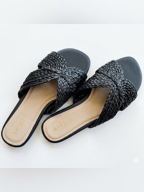BAMBOO Black Braided Crossover Slide Sandals with Tan Insole